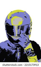 Agoura Hills CA USA Oct 10 2022 Close Up Illustration Of Race Car Driver In Helmet With Purple Black Yellow Coloring