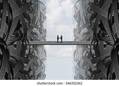 Agreement business handshake partnership deal as a solution strategy with a team coming together out of tangled twisted roads on to a bridge to find a common goal. - Powered by Shutterstock