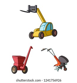 Agricultural machinery cartoon icons in set collection for design. Equipment and device bitmap symbol stock web illustration.