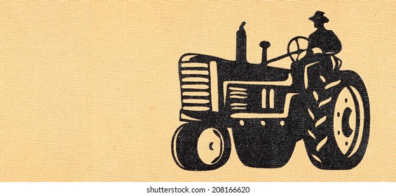 Agricultural machinery imprint symbol on a rugged burlap parchment. 