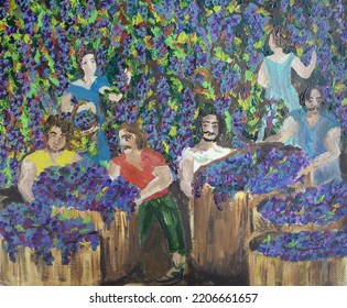 Agricultural Winemaking. Traditional Labour On Ground. Simple Rustic Women And Men Collecting Grape. Fine Art Illustration. Abundance Concept. Grape Harvest Oil Painting.