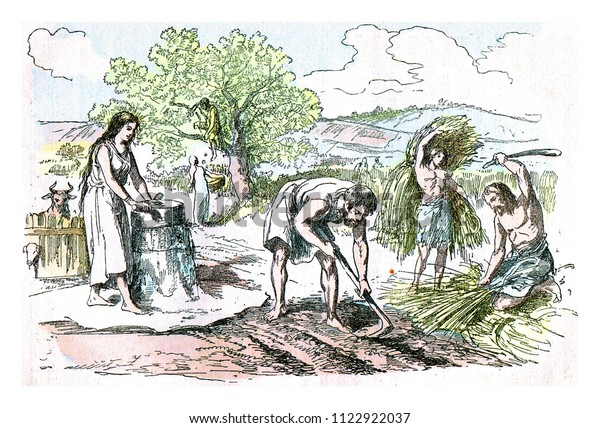 Agricultural work in the\
Iron Age, vintage engraved illustration. From Natural Creation and\
Living\
Beings.\
