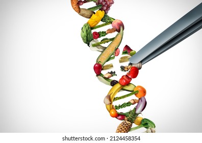 Agriculture gene editing and agricultural CRISPR concept or genetic engineering of food as a group of farm produce shaped as a DNA strand with 3D illustration elements.