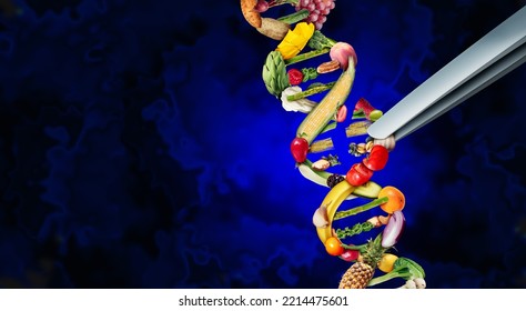 Agriculture Genetic Editing And Agricultural CRISPR Concept Or Gene Engineering Of Food As A Group Of Farm Produce Shaped As A DNA Strand With 3D Illustration Elements.