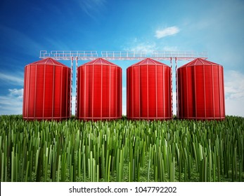 Agriculture grain silos on grass under blue sky. 3D illustration.