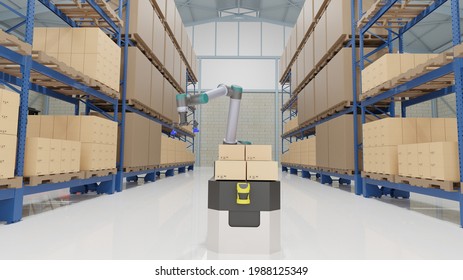 An AGV (Automated Guided Vehicle) With Industrial Robot Is Carrying Cartons In Smart Warehouse. 3D Illustration