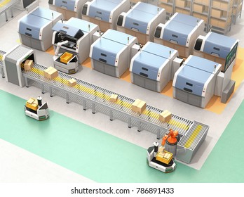 AGV (Automatic Guided Vehicle) Picking Parts From Metal 3D Printer. Smart Factory Concept  3D Rendering Image.