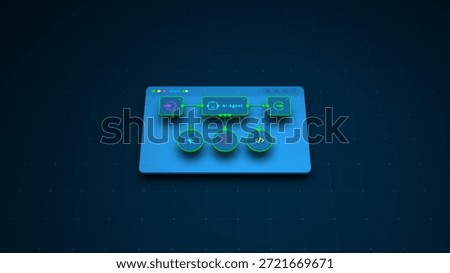 AI agent automation flowchart for workflow management, futuristic digital interface concept with 3D design