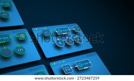AI agent automation flowchart for workflow management, futuristic digital interface concept with 3D design