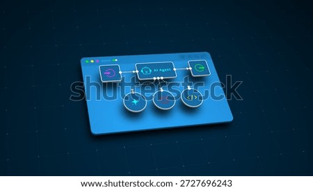AI agent automation flowchart for workflow management, futuristic digital interface concept with 3D design