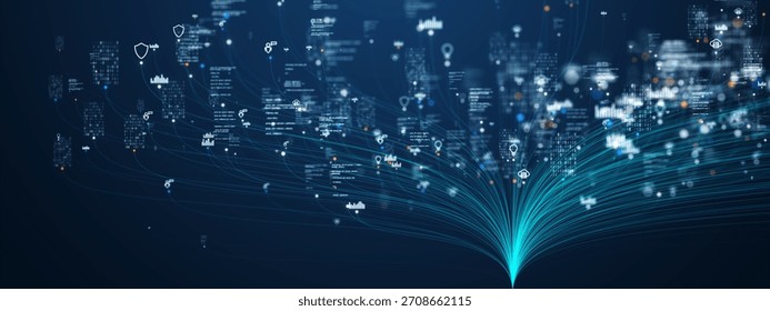 AI analytics background, big data visualization, machine-learning insights, cyber data intelligence, digital processing flow, global data network, predictive analytics, neural data visualization.