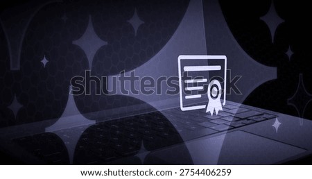 AI artificial intelligence certification and digital diploma icon on laptop. Education and smart learning concept with AI technology sparkles.