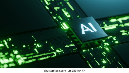 AI and Artificial Intelligence Chip on Circuit Board: CPU Processor Technology Concept. 3D Illustration