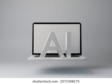 AI Artificial Intelligence Concept. Computer Laptop on Minimal Empty Background. AI machine learning at work. Minimal 3D render.