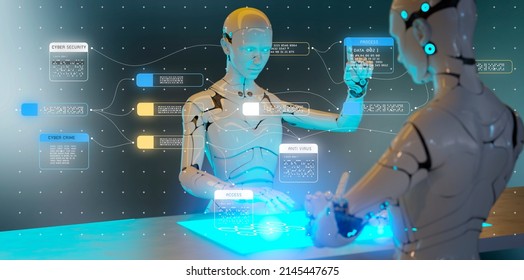AI artificial intelligence cybersecurity network, antivirus robot program platform virus protection, futuristic modern digital computer network technology, cloud data security privacy, 3D robot render
