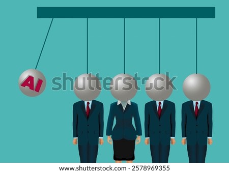 AI, artificial intelligence technology is about to crash into the peace and serenity of a group of business employees who must learn to deal with the new technology. This is a 3-d illustration.