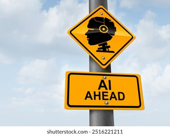 AI Artificial Intelligence Warning sign as Job Displacement with a Robot and robotic technology concept as a traffic sign with a futuristic humanoid cyborg icon as a symbol as a 3D illustration.