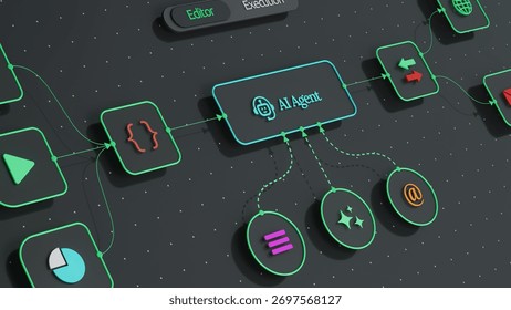 AI automation workflow, Artificial intelligence, clean UI interface with node editor and execution—3D render of AI node system.