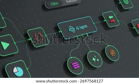 AI automation workflow, Artificial intelligence, clean UI interface with node editor and execution—3D render of AI node system.