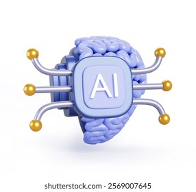 AI brain chip 3d render icon. Artificial intelligence neural implant, future technology. BCI system or brain computer interface. Human mind with microchip isolated on white background. 3D Illustration