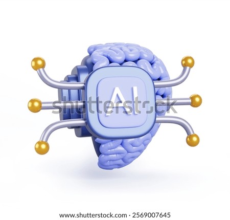 AI brain chip 3d render icon. Artificial intelligence neural implant, future technology. BCI system or brain computer interface. Human mind with microchip isolated on white background. 3D Illustration
