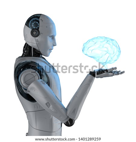 Ai with brain concept with 3d rendering robot with blue polygonal brain isolated on white