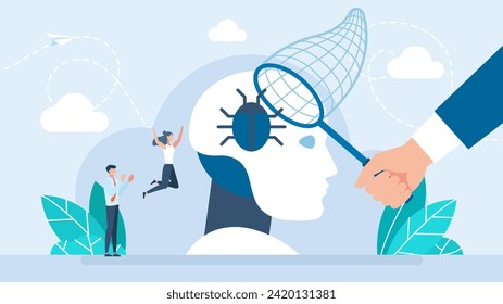 AI bug. Robot tester finding, searching program bugs, mistakes. Robot error concept. AI checks code and fixes errors. Antivirus and fighting bugs in program or application. Flat illustration