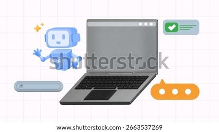 AI chatbot assistant performs tasks with a halftone collage laptop, checklist, and typing bubble icons