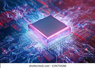 АЙ. Печатная плата. Технологический фон. Процессоры центрального компьютера Концепция процессора. Цифровой чип материнской платы. Технические науки. Встроенный процессор связи. 3D-иллюстрация