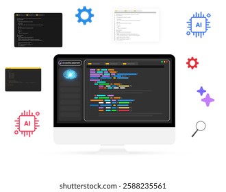 AI Coding Assistant background design with user interface floating around, colorful programming concept backdrop.