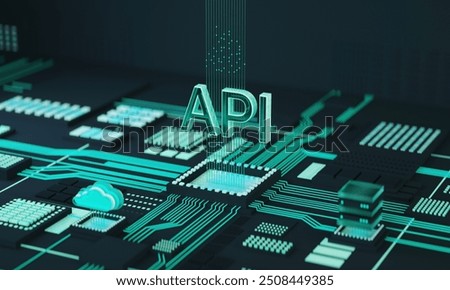 Ai computer data center. API application programming interface with chipset concept. 3D render