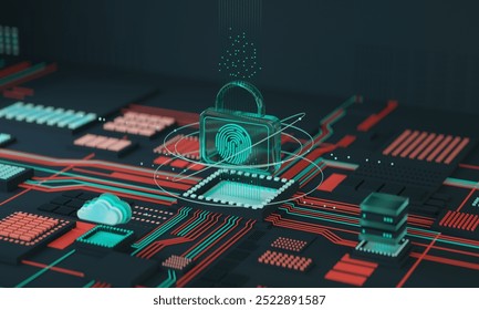 Ai computer data center, database, data transfer. Blue shield. Website, computer protection concept. Information security vs cyber security. 3D render