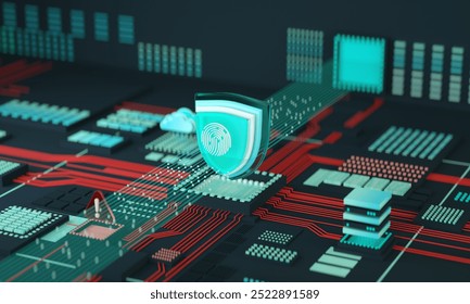 Ai computer data center, database, data transfer. Blue shield. Website, computer protection concept. Information security vs cyber security. 3D render