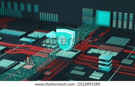 Ai computer data center, database, data transfer. Blue shield. Website, computer protection concept. Information security vs cyber security. 3D render