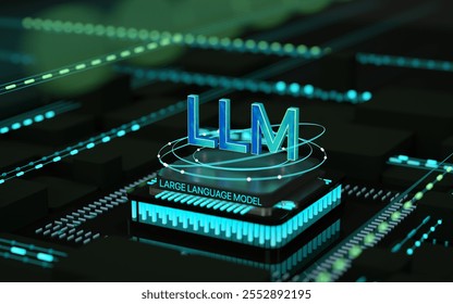 Ai computer data center. LLM with chipset concept. Data transfer. Chatbot, Generative AI, Large language model. 3D render