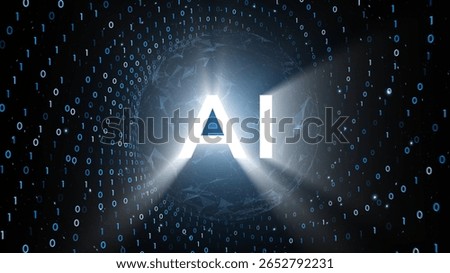AI digital sphere with binary data numbers on dark background illustration.