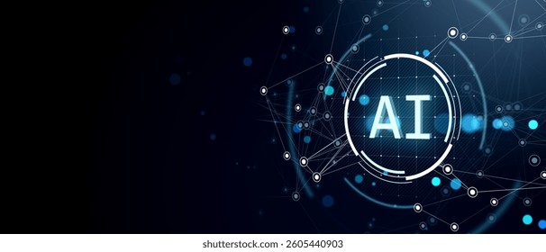 AI digital symbol with interconnected network lines and glowing blue nodes on dark futuristic background. Concept of artificial intelligence and data. 3D Rendering