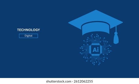 AI education or machine learning background. Abstract digital tech bg. AI chip and graduate hat in blue with light neon effects. Artificial Intelligence concept.