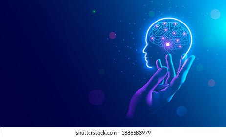 AI. Electronic Brain. Neon Silhouette Of Human Head With Artificial Intelligence Hanging Over Palm Hand. Cybernetic Artificial Neural Network. Electronic Mind. Neuronet, Deep Machine Learning Concept.