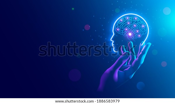 AI. Electronic brain. Neon Silhouette of human\
head with artificial intelligence hanging over palm hand.\
Cybernetic artificial neural network. Electronic mind. Neuronet,\
deep machine learning\
concept.