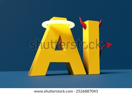 AI ethics and morality concept. The use of artificial intelligence for the good or bad. The acronym AI with angel halo and devil's horn and tail on blue background. 3D rendering.