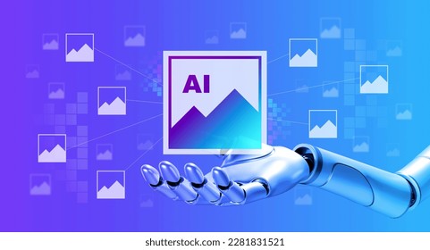 AI generated photo concept. Picture, digital arts or photo icon on robot humanoid hand, AI images generator, data combination system, create realistic images from text by artificial intelligence.