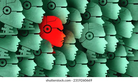 AI growth risk as Good Bots and a Bad Bot and chatbot as a social vulnerability for Robots gone rogue and the danger of robotic or artificial intelligence technology in a 3D illustration style.