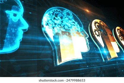 AI head artificial intelligence machine learning symbol digital concept. Network, cyber technology sign and computer background abstract icon 3d illustration.