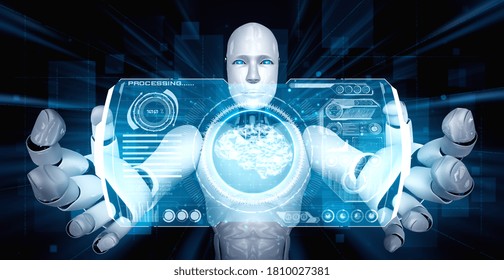 AI Humanoid Robot Holding Virtual Hologram Screen Showing Concept Of AI Brain And Artificial Intelligence Thinking By Machine Learning Process. 3D Illustration.