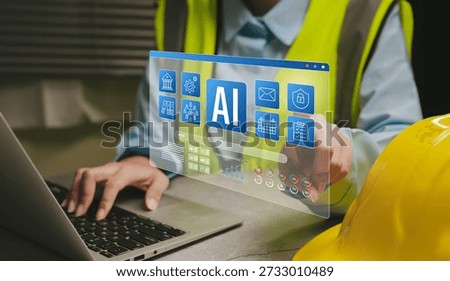 AI industry concept. Engineer using artificial intelligence dashboard with digital interface, industrial automation, smart factory management, data control, future technology.
