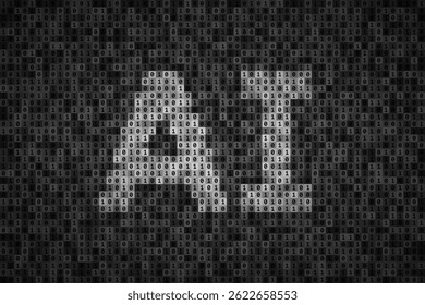 AI inscription over binary code background. Concept of artificial intelligence, data represented by binary number system, modern digital technologies. Monochrome illustration in shades of gray