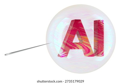 AI inside soap bubble with needle. Concept of AI hype bubble burst, 3D rendering isolated on white background