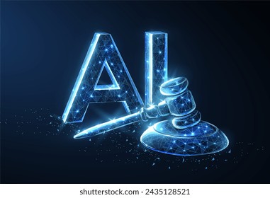 AI and law. Symbolizing the judicial law system and artificial intelligence, this image represents the intersection of jurisprudence and the prohibition or ban of AI. Abstract 3d digital concept
