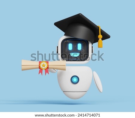 Ai learning and education concept. Machine learning. Future of education. 3D smart robot with graduation ceremony cap and degree or diploma certificate. 3d illustration